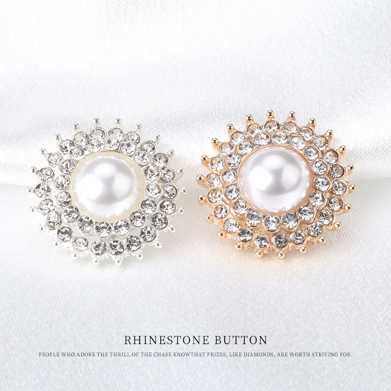Pair of gear-shaped pearl rhinestone metal buttons: silver and gold jeweled edges