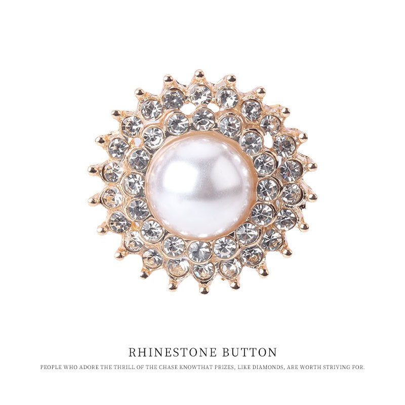 Gold gear-shaped pearl rhinestone metal button, round pearl center ringed with crystals