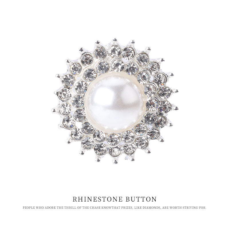 Silver gear-shaped pearl rhinestone metal button with round pearl center and crystal border