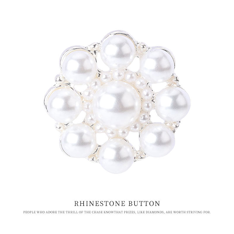 Silver-tone 23mm pearl button with raised white pearls and metal ring details