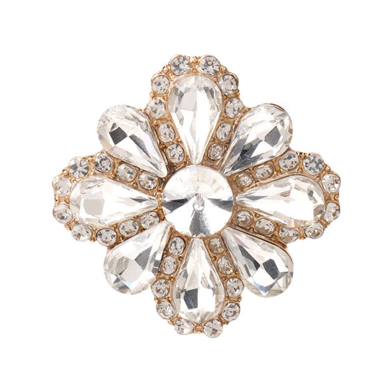 Golden 28mm flower rhinestone button with clear petal stones and gold frame