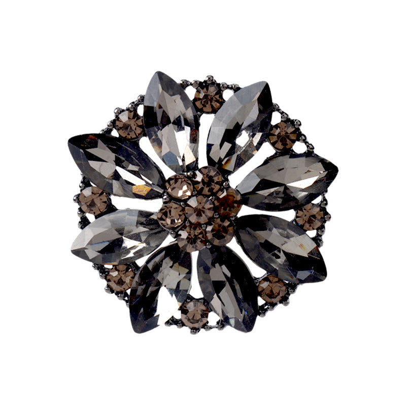 31mm black crystal petal rhinestone metal shank button, faceted dark flower design