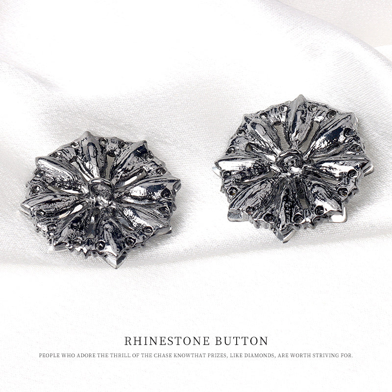 Silver-toned rhinestone petal metal shank button, faceted flower center