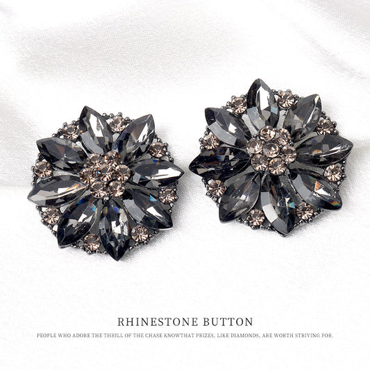 31mm Black Crystal Petal Shaped Rhinestone Metal Shank Buttons 4pcs