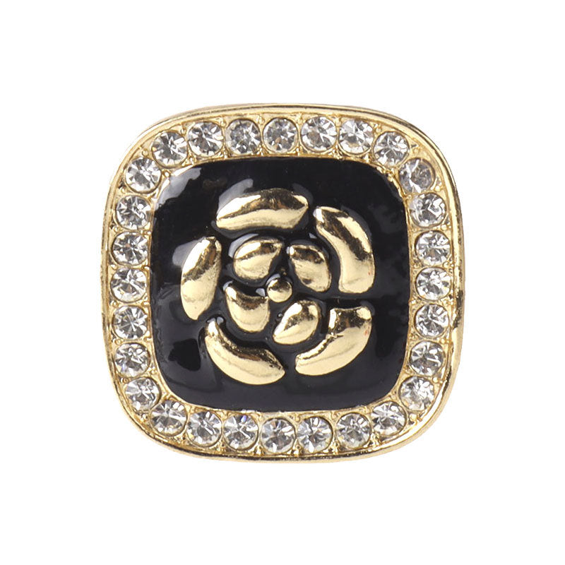 26mm square button set: black enamel flower with gold-tone frame and clear rhinestones