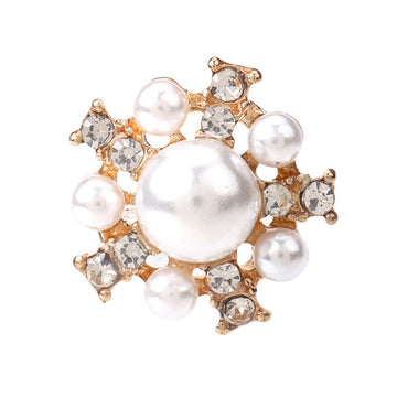 Gold-tone pearl button with rhinestone cluster and round white center pearl