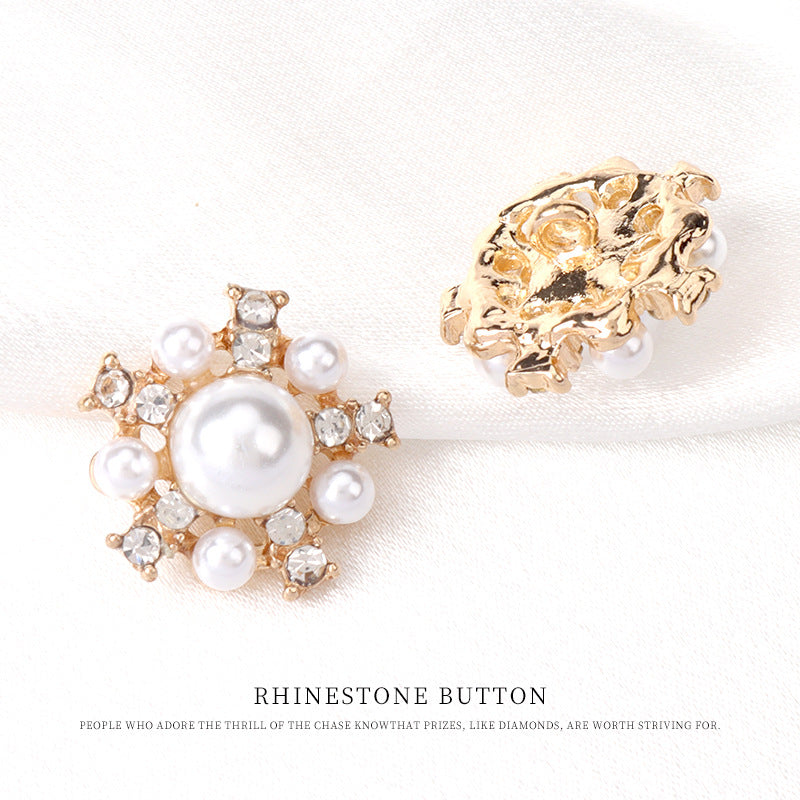 Gold-tone faux pearl & rhinestone button with round center pearl, back shown