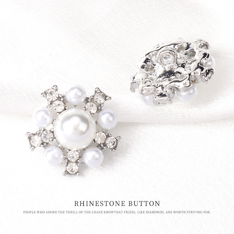 Silver-tone faux pearl & rhinestone button with round center pearl, reverse side