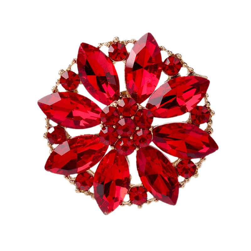 Red rhinestone floral button with gold-tone setting, large faceted crystal petals