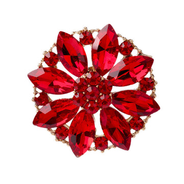 Red rhinestone floral button with gold-tone setting, large faceted crystal petals