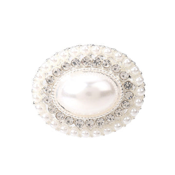 Silver oval pearl coat button with rhinestone and faux pearl border