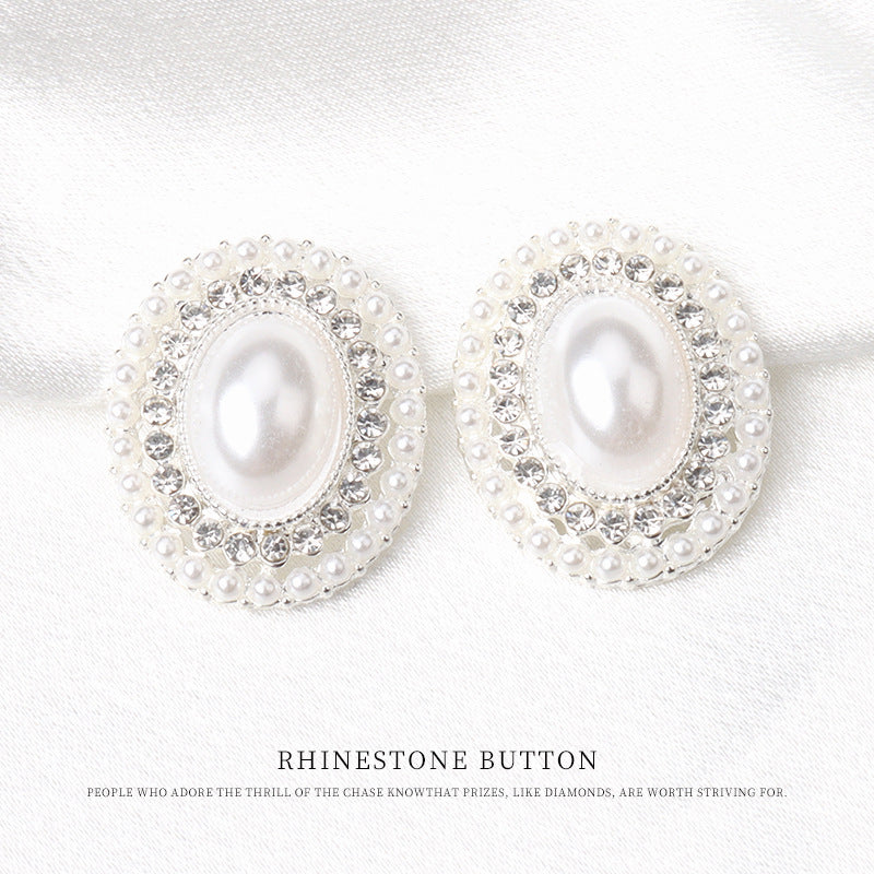 Set of 2 silver oval coat buttons with rhinestones and pearl detailing