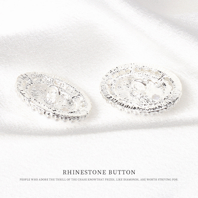 Silver oval rhinestone coat buttons with pearl border, metal underside setting