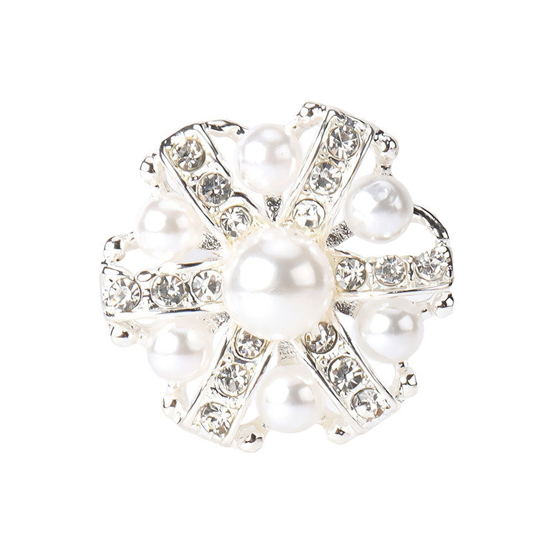 Silver rhinestone pearl button with shank, 1-inch round starburst design