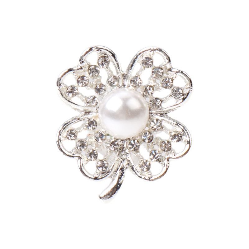 22mm floral rhinestone pearl button, silver-tone metal, round center pearl