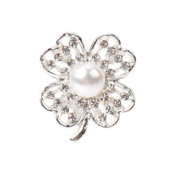 22mm floral rhinestone pearl button, silver-tone metal, round center pearl