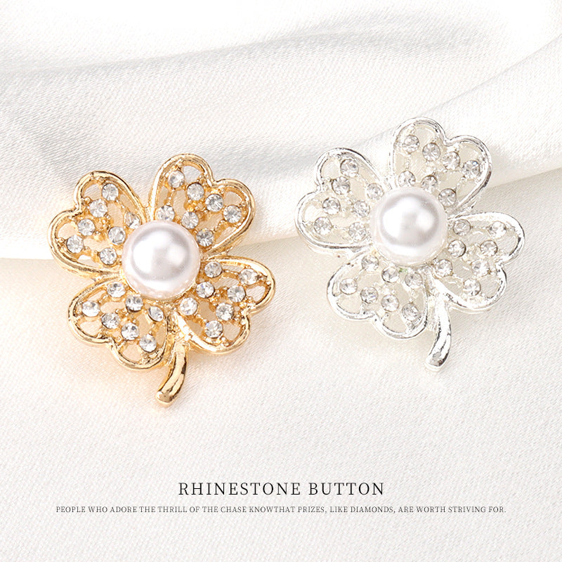 Floral rhinestone pearl buttons, gold- and silver-tone, round pearl centers