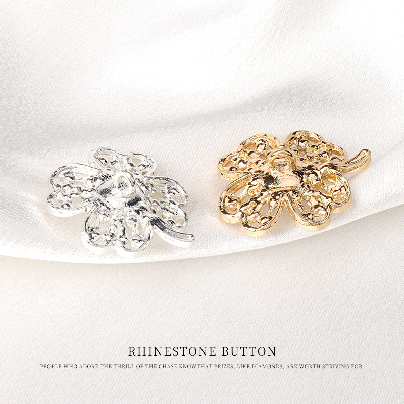 Floral rhinestone pearl button set in silver- and gold-tone, round pearl centers