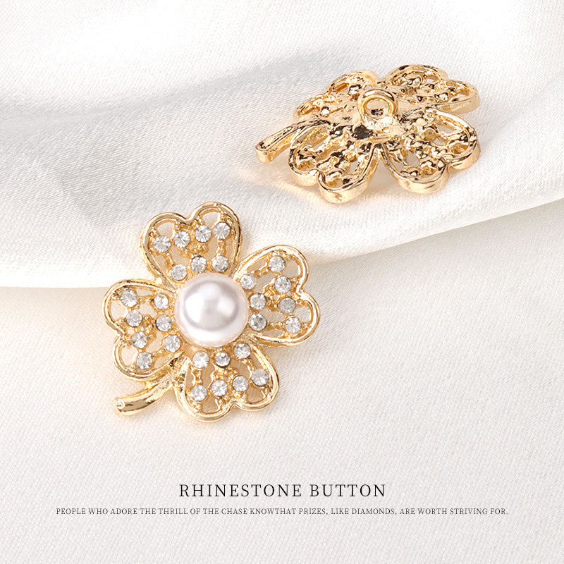 Gold-tone floral rhinestone pearl button, round center pearl on metal setting