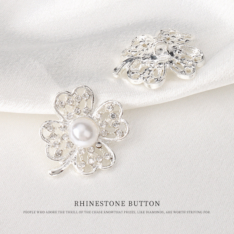 Silver-tone floral rhinestone pearl buttons, round center pearl on metal setting