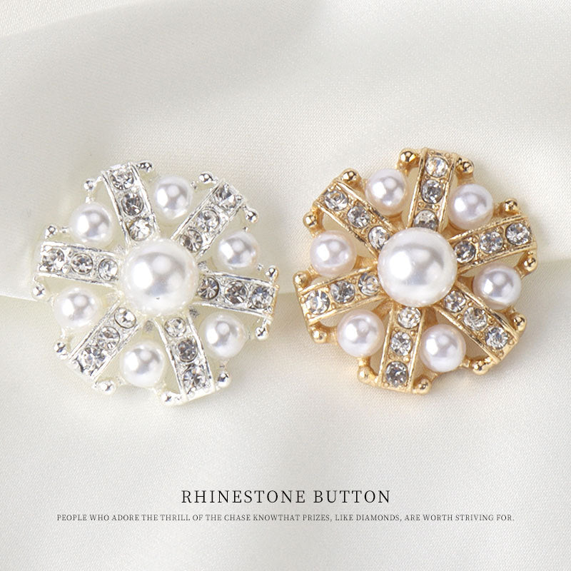 Gold rhinestone pearl button with shank, round center pearls with crystal rays