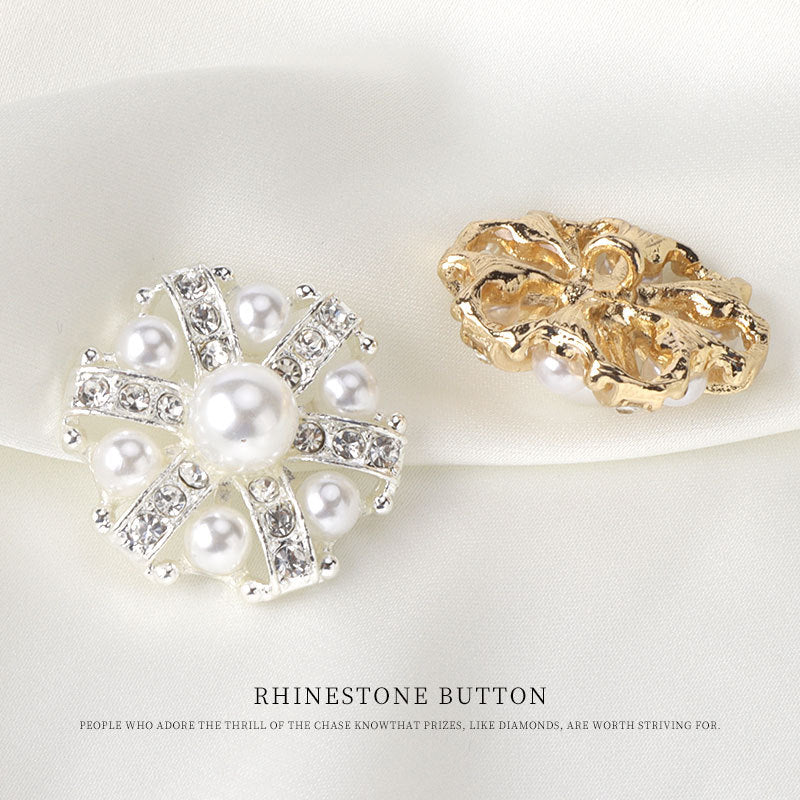 Rhinestone pearl button pair: silver and gold starburst, sew-on shank