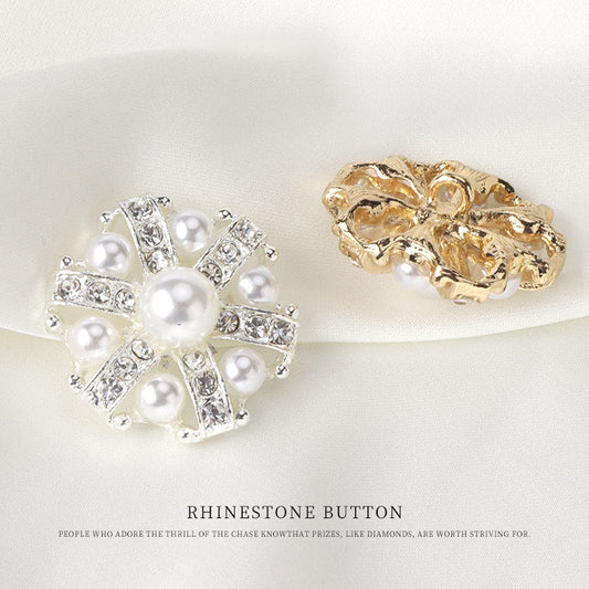 Rhinestone pearl button pair: silver and gold starburst, sew-on shank