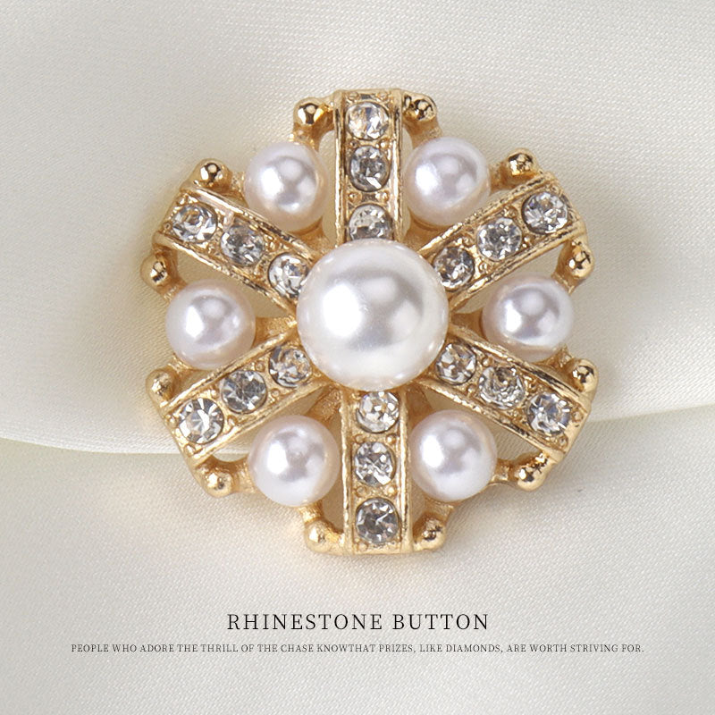 Gold rhinestone pearl button with shank, large round pearl-like center