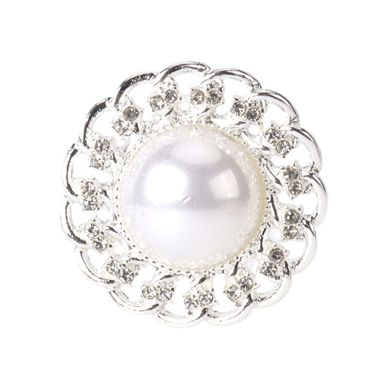 Silver round metal pearl rhinestone button, 1.06 in; ornate crystal bezel