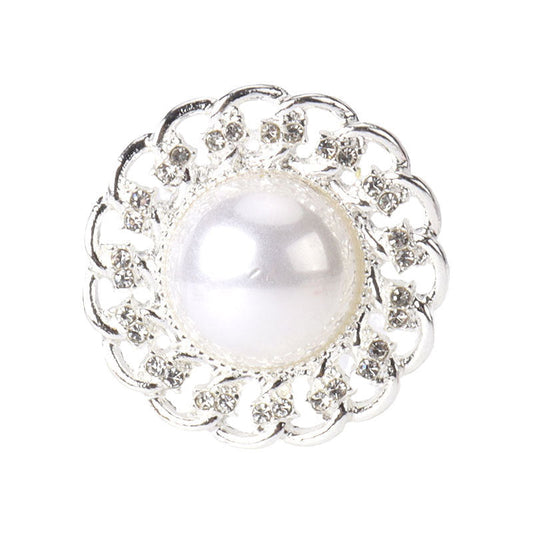 Silver round metal pearl rhinestone button, 1.06 in; ornate crystal bezel