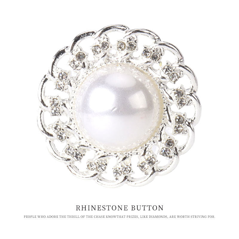 Silver round metal pearl rhinestone button, 1.06 in; close-up of pearl center