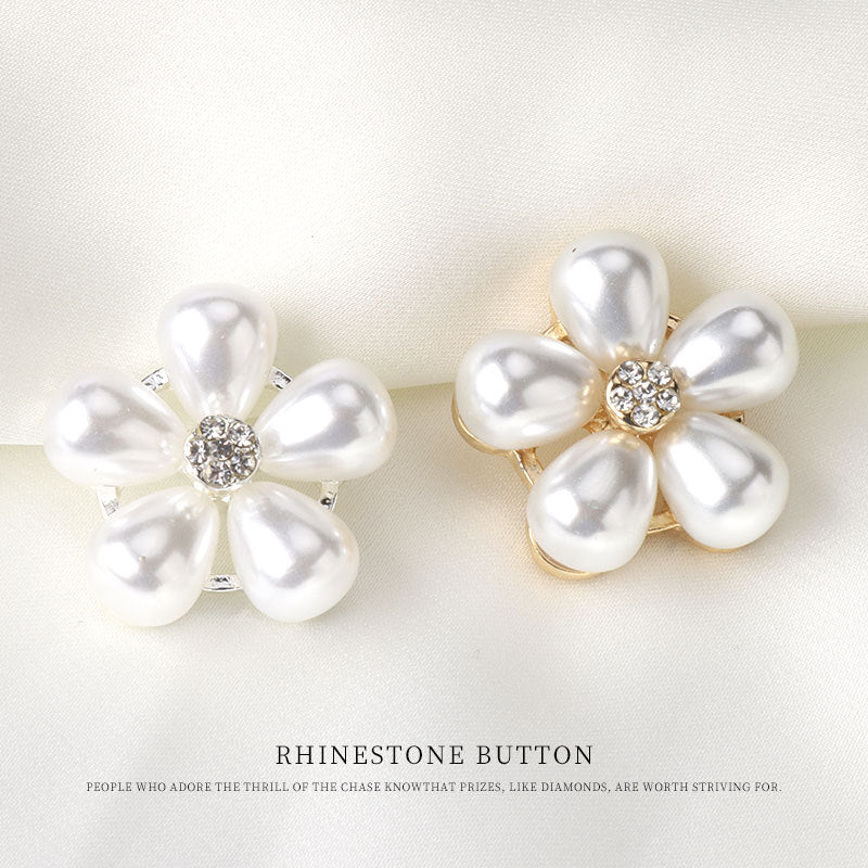 Pearl flower rhinestone button, white faux pearls with round crystal, gold-tone shank