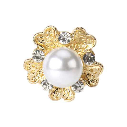 White pearl rhinestone floral button with gold metal shank, 0.75 inch