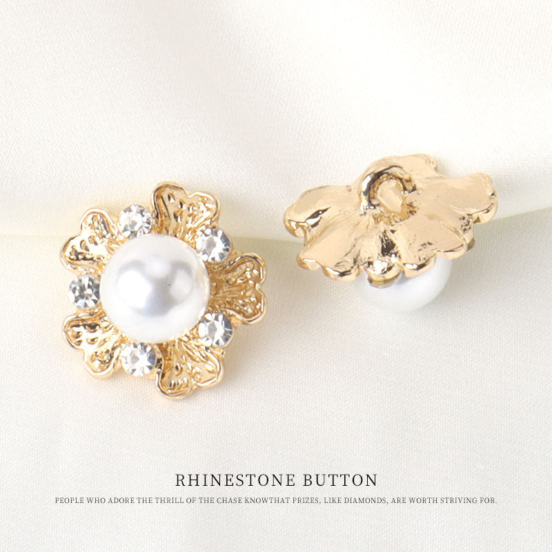 Gold metal back view of white pearl rhinestone floral button