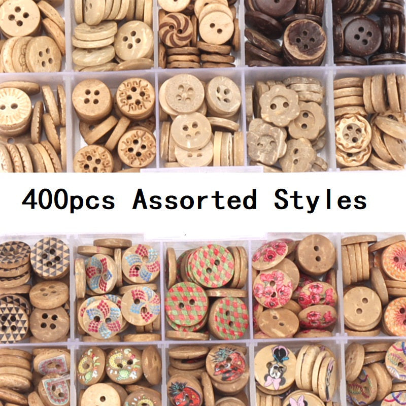 Assorted 9–11mm coconut shell DIY buttons, round shapes with visible 4-hole designs