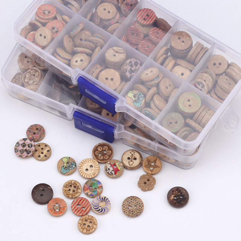Coconut shell button assortment in a plastic divided box; 9–11mm rounds and stripes