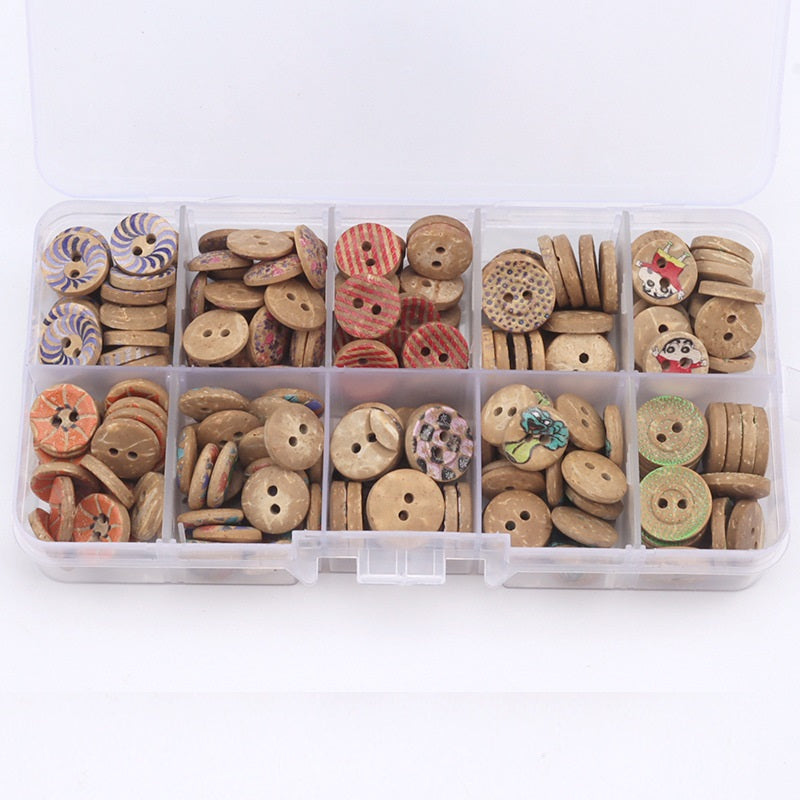 9–11mm coconut shell buttons in a clear storage box, mixed colors and printed designs