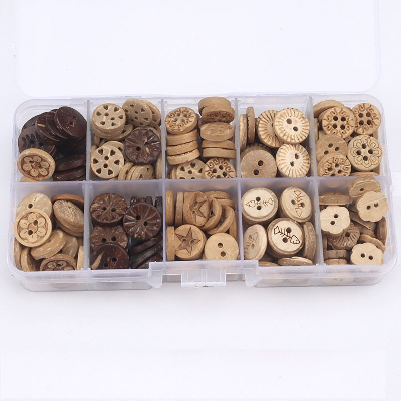 Coconut shell buttons assortment in compartments; dark and natural rounds with 2-4 holes