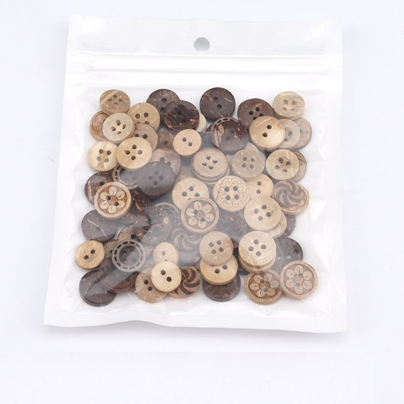 Bagged assortment of coconut shell buttons; mixed dark and natural tones with multi-hole fronts