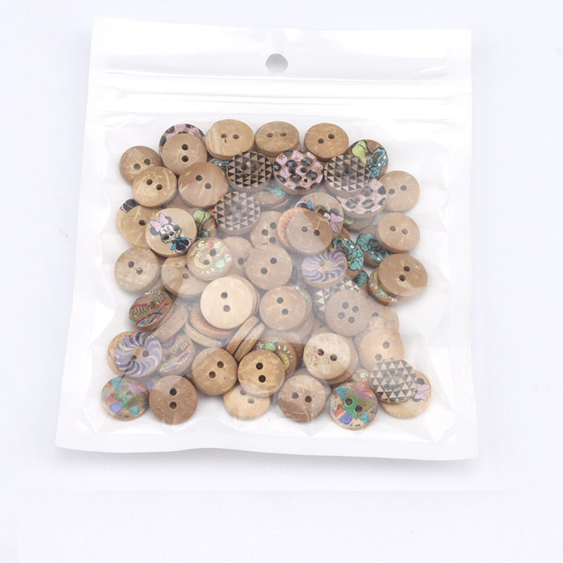 Bag of assorted 9–11mm coconut shell buttons, round faces with colorful printed patterns