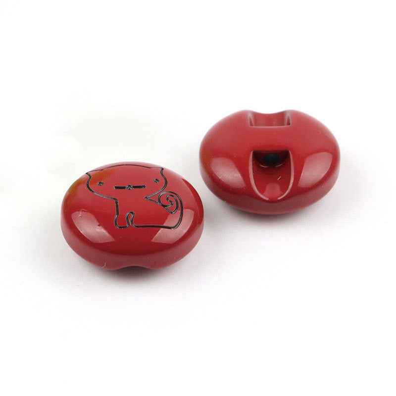 Red animal cartoon button pair: front illustration and back with sew-through hole