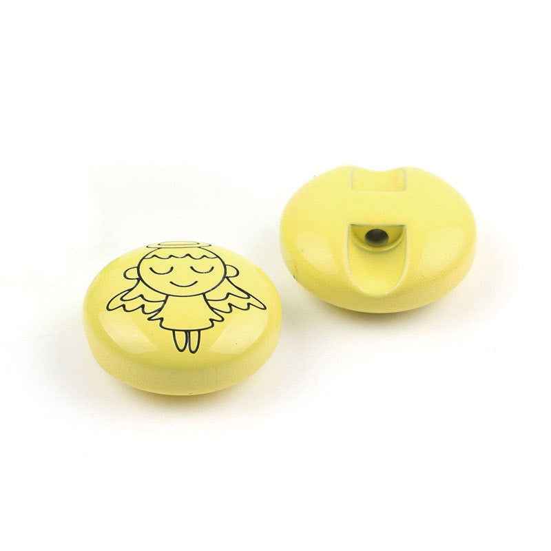 11mm Resin Cartoon Buttons: yellow angel face front, back view with attachment hole