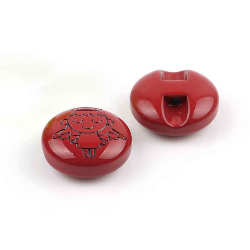 Red angel cartoon button pair: front character design and back with sew-through hole
