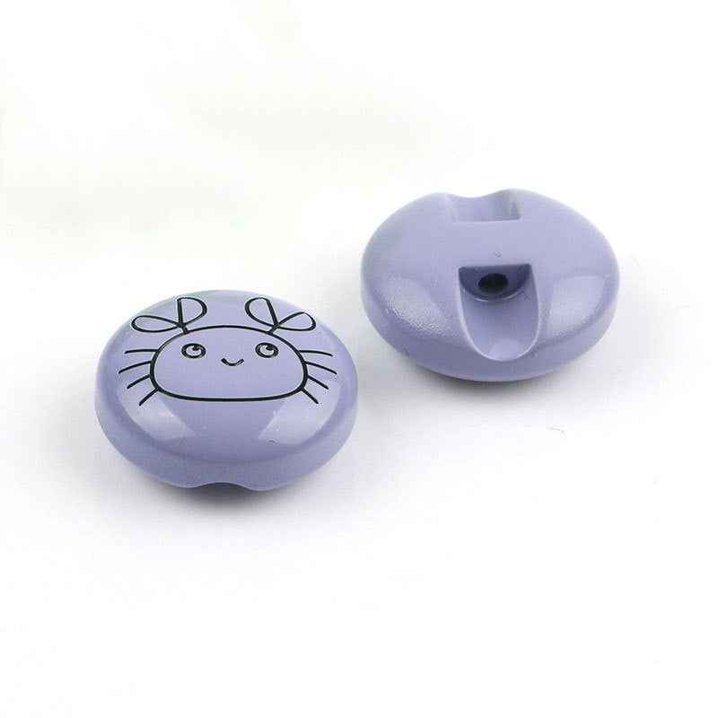 11mm Resin Cartoon Buttons: lavender crab face front, back view with attachment hole