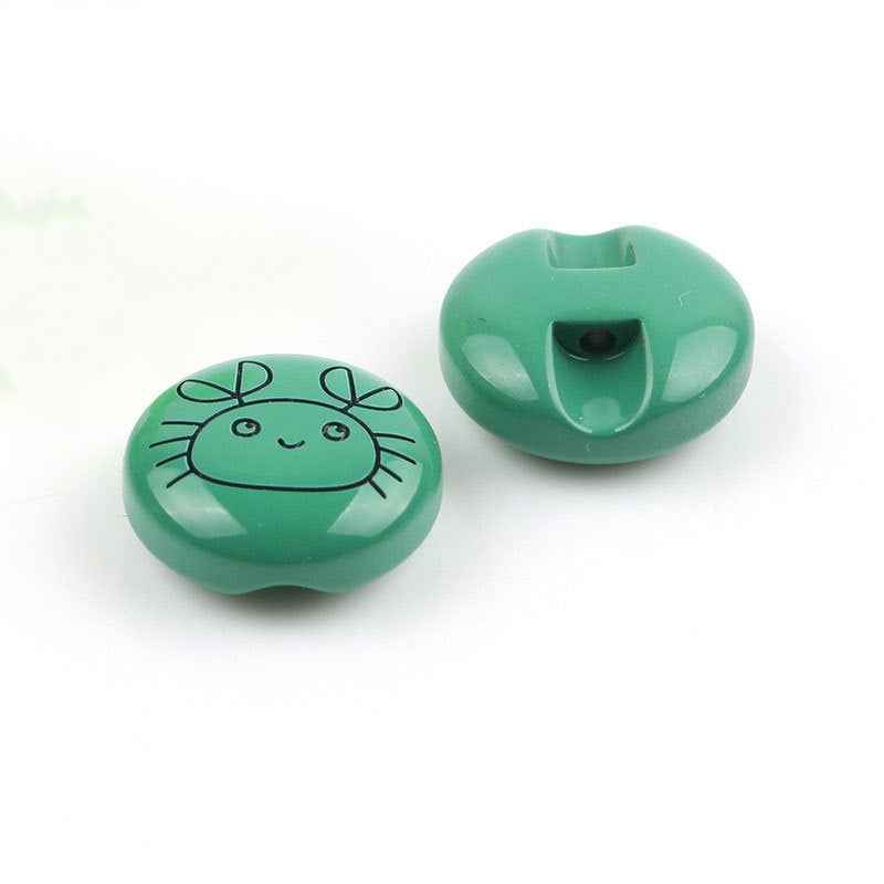 11mm Resin Cartoon Buttons: green crab face front, back view with attachment hole