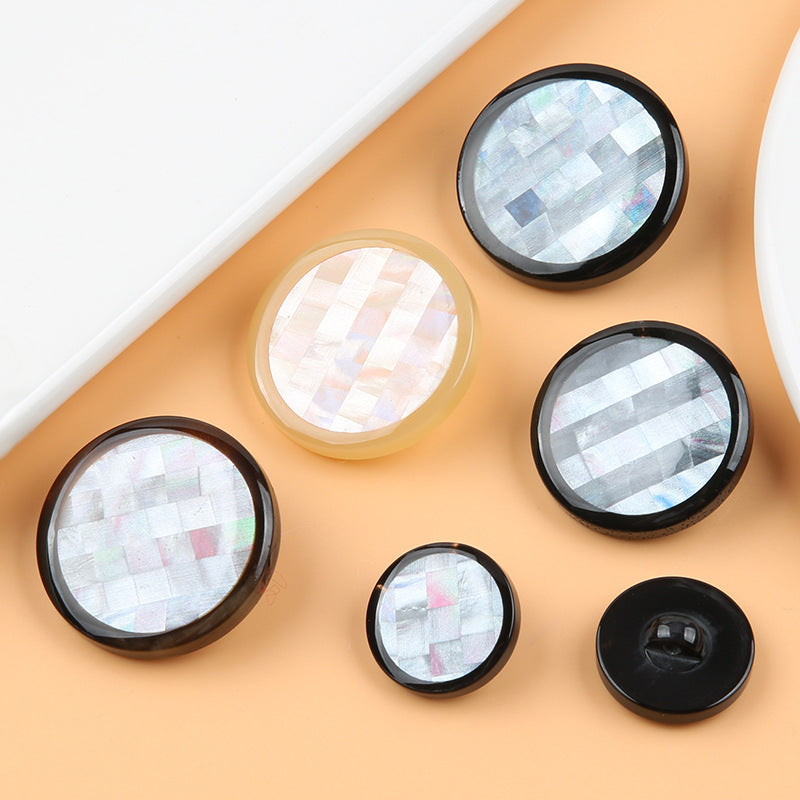 Mosaic round resin shank buttons in black trim with iridescent mosaic faces, multiple sizes