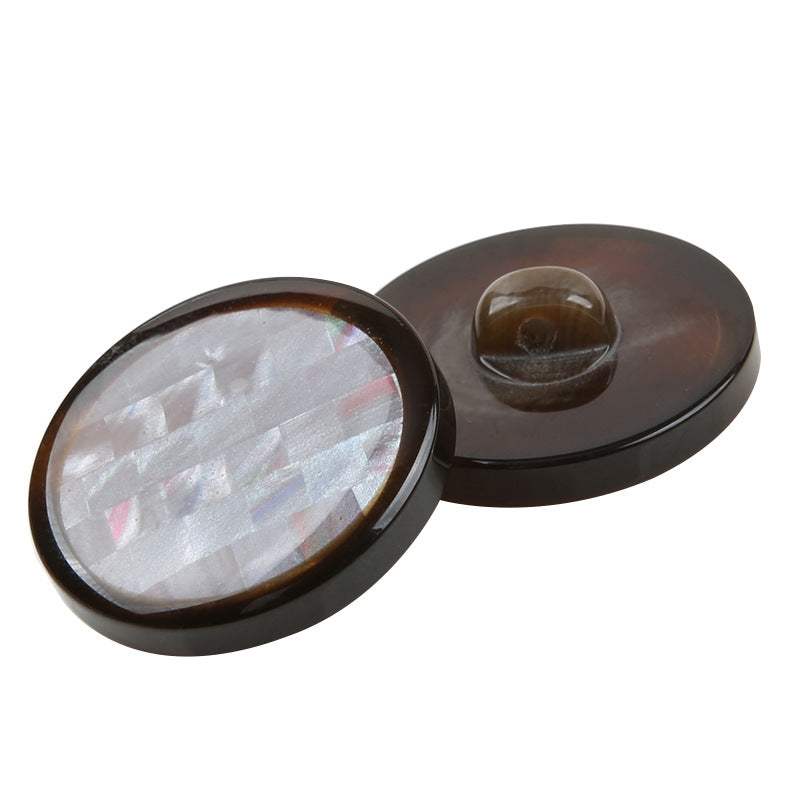 Mosaic round resin shank button with dark brown back and iridescent mosaic front