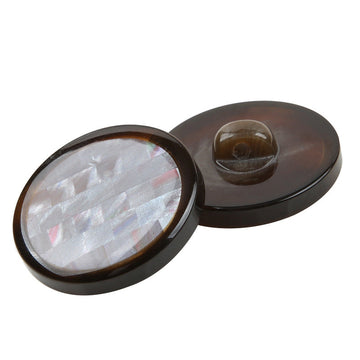 Mosaic round resin shank button with dark brown back and iridescent mosaic front