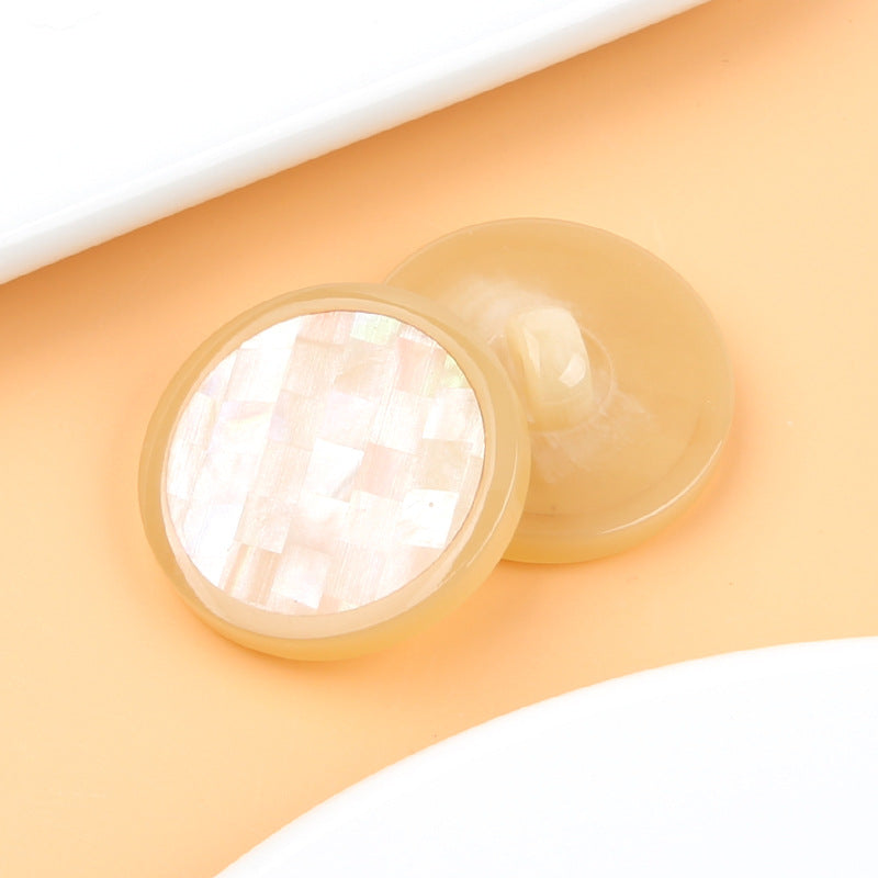 Beige mosaic round resin shank button with iridescent mosaic front