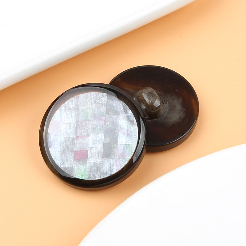 Coffee-brown mosaic round resin shank button with iridescent mosaic front and shank